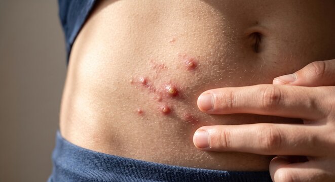 Close up of a person's abdomen showing a cluster of inflamed pustules, boils, or a severe staph infection