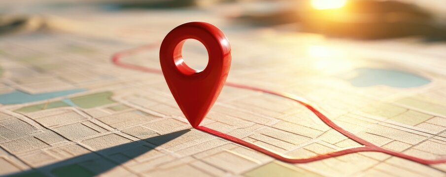 A red location pin marks a point on a map with a curved red route line under warm, glowing sunlight.