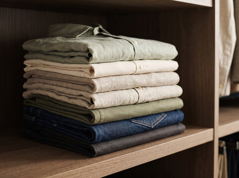 Neatly folded stack of neutral linen shirts and denim jeans organized on a wooden wardrobe closet shelf   