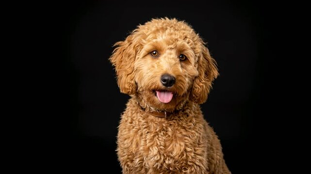 petite goldendoodle dog close up isolated on black background video