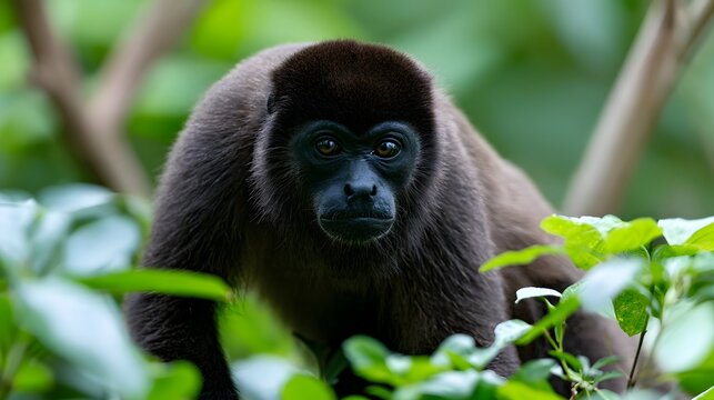 A close up of a brown furred monkey with dark face and expressive eyes  peeking through lush green foliage in a tropical forest setting