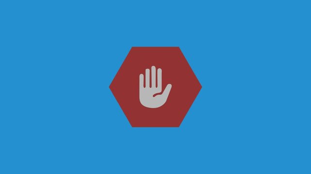 Animated stop hand sign in red hexagon, warning, prohibition, access denied and restriction concept, motion graphics