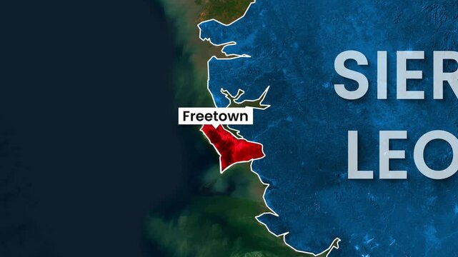 Sierra Leone map animation highlighting capital city Freetown with borders