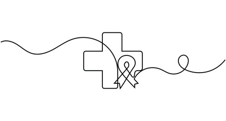 Obraz premium Medical cross awareness ribbon line art minimal healthcare symbol with continuous line and editable stroke