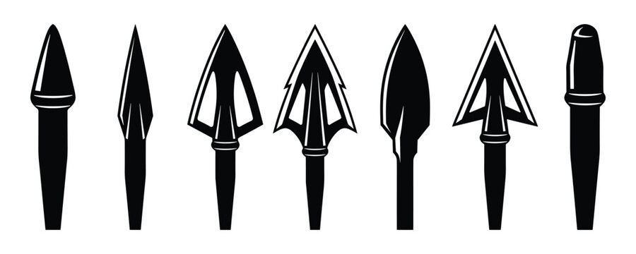 Various arrowheads for archery and hunting, flat black silhouette vector illustration set.