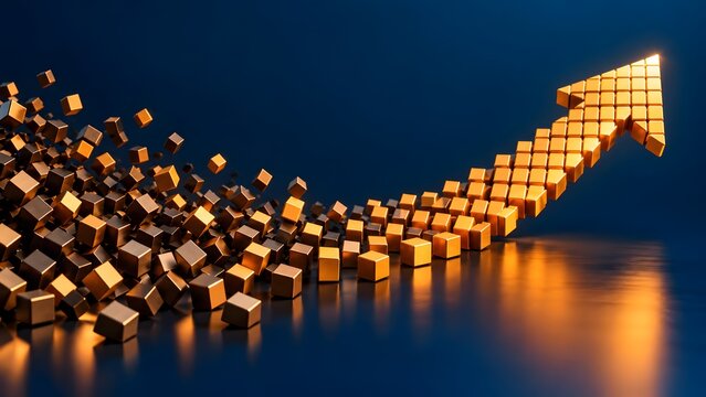 Flying golden cubes assembling into a large rising arrow representing business organization data integration and financial growth success