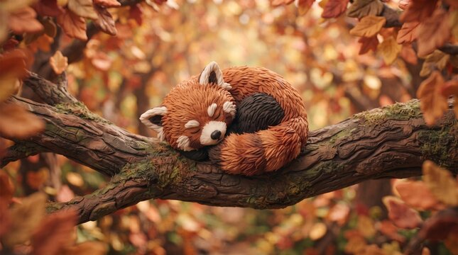 Red panda sleeping on branch.