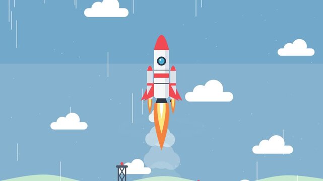 Animated Cartoon Rocket Launch from Launch Pad with Smoke and Flame Under Blue Sky, 2D Animation