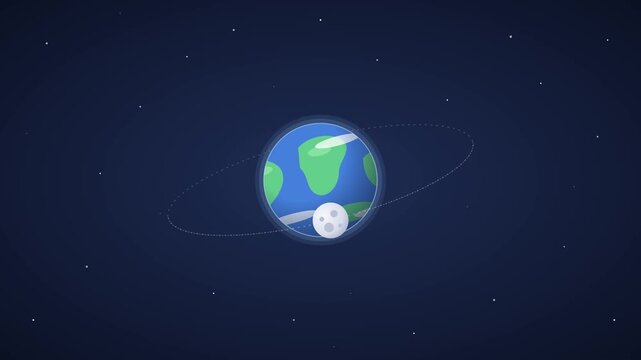 Animated Planet Earth with Moon Orbiting in Dark Starry Space, Cartoon 2D Motion Graphics Animation