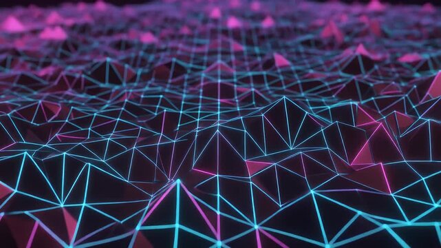 A low-polygon 3D landscape in neon pink and cyan.
