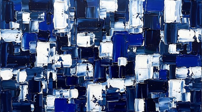 Abstract oil painting with blue and white textured blocks for modern