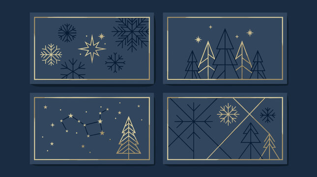 Elegant winter holiday card templates with gold line art snowflakes stars and pine trees.