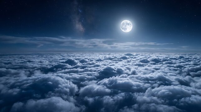 Full moon shining bright above a thick layer of clouds in the dark