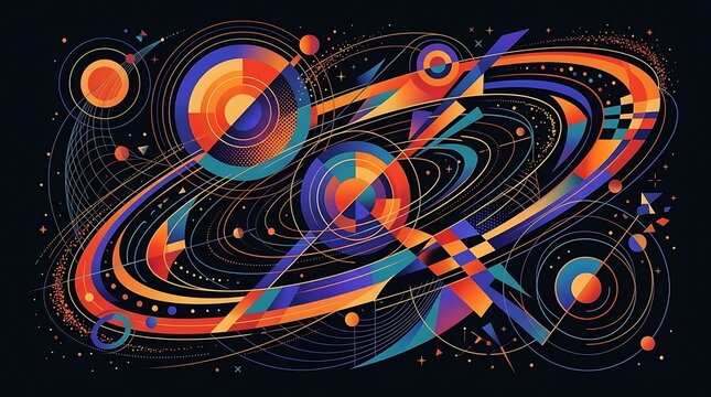 Abstract geometric space composition with colorful planets and