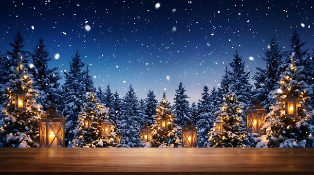 Glowing lanterns on snowy pine trees in a winter forest at night with