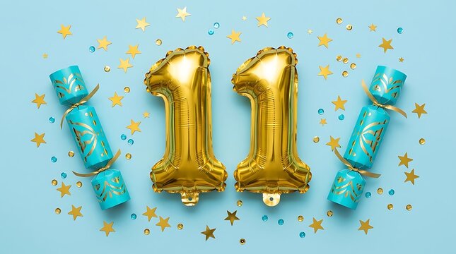 Gold number eleven balloons with blue party crackers and star