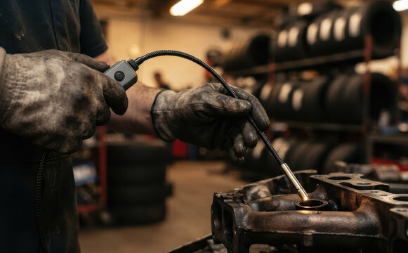 Mechanic using a flexible borescope to inspect a car engine part in an auto repair shop
