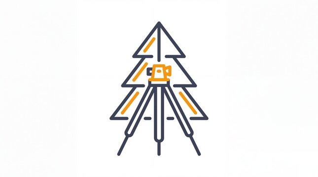 Stylized illustration of a surveying instrument on a tripod integrated with the outline of a pine tree, featuring dark blue and orange lines.