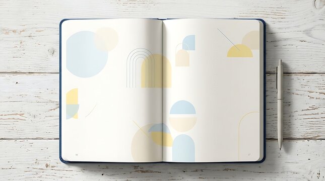 Open notebook with geometric pattern on white wooden table for
