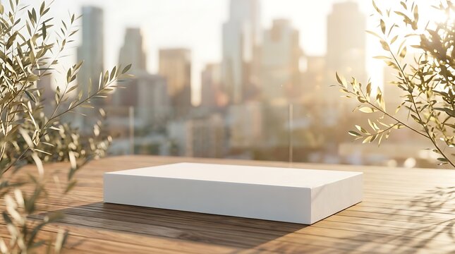 Empty white product display podium on wooden deck with blurred city