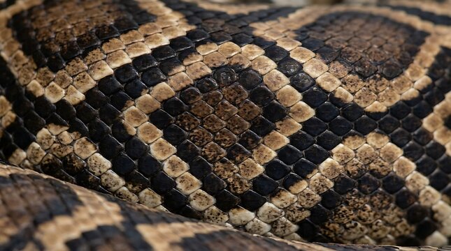 Detailed close up of natural snake skin texture with brown and black