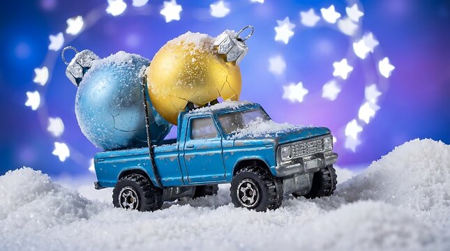 Blue toy truck carrying christmas ornaments in snow with glowing star