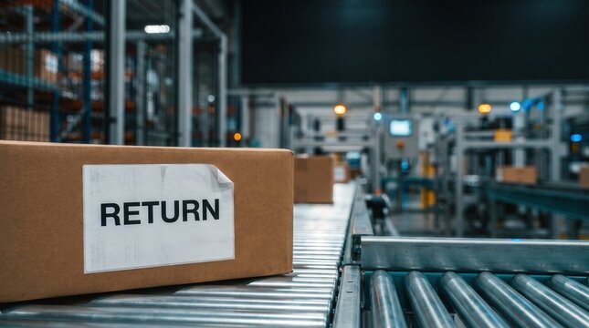Cardboard box with return label on conveyor belt in distribution center, highlighting e-commerce return policy and reverse logistics for supply chain management and online retail business.