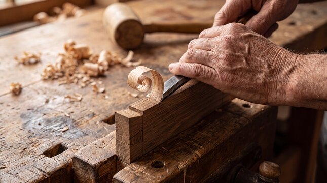 Master carpenter using timber chisel to finely shave oak wood dovetail joint on workshop workbench
