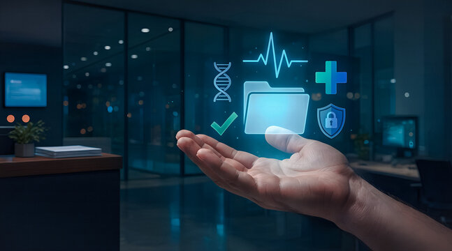 Hand holding digital healthcare and medical record icons with heartbeat, DNA, and security shield in modern office at night
