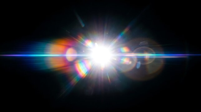 Bright starburst effect with vivid prismatic color streaks radiating across dark space representing energetic cosmic phenomena and optical beams occurring when light hits camera lenses during