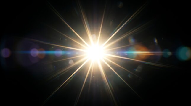 Golden starburst flare beam shines through darkness to create a celestial glow effect suitable for science fiction themes and astronomical presentations requiring intense radiant light energy