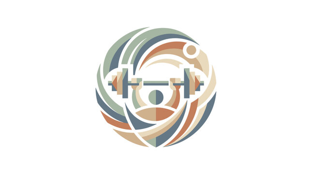 Weightlifter silhouette lifting a barbell is depicted in a stylized circular emblem on a white background.