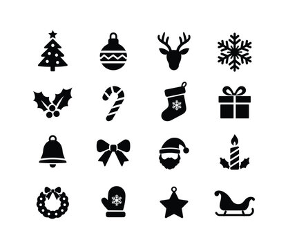 Christmas icon set featuring black silhouette symbols of tree bauble reindeer snowflake candy cane stocking gift box bell santa wreath and sleigh vector illustration isolated on white background