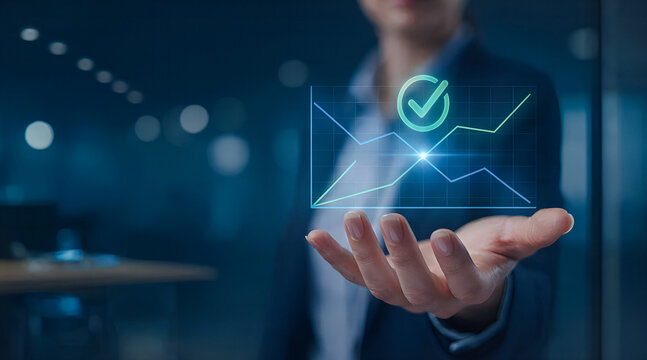 Business professional holding glowing digital financial growth chart with approval checkmark hologram