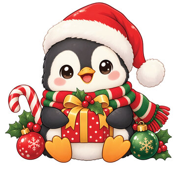 Cute Christmas Penguin Holding Gift Box