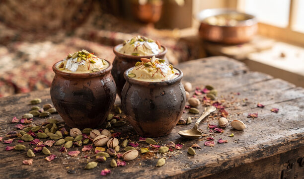 Matka Kulfi (India):  traditional Indian saffron and pistachio kulfi. The pots are nestled on a distressed wooden table strewn with loose cardamoms, raw pistachio nuts, and delicate pink rose petals.