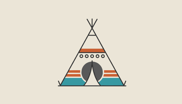 Native american teepee wigwam tent decorated with orange and blue stripes and patterns, isolated on a cream background.