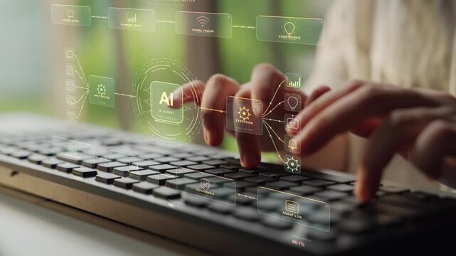 Hands type on a keyboard. Prompt intake and task planning feed an AI orchestration process, while connected tools and monitoring support the execution of selected actions.