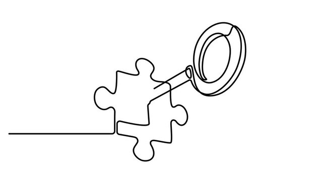 Animated self drawing of key into puzzle piece, Continuous one line drawing of puzzle, key, solution, business concept, Teamwork and partnership solving complicated tasks. animation