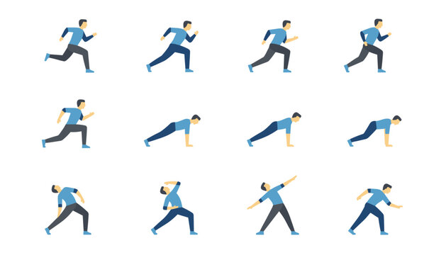 Sprite sheet illustrating a male athlete in blue shirt performing various running, stretching, and workout exercises.