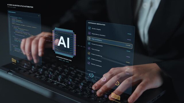 AI specialist works on a laptop. Source code progresses through AI review and quality checks, illustrating a path from synchronized files to tested, validated and packaged outputs.