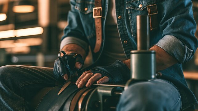Craftsman working with leather using tools in a workshop wearing denim shirt and gloves