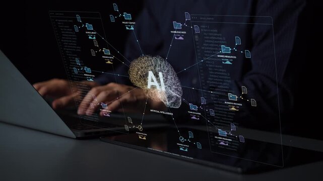 A tablet and laptop are in use. Source libraries and document history supply context to an AI process, with access policies and verified outputs supporting the use of shared knowledge.