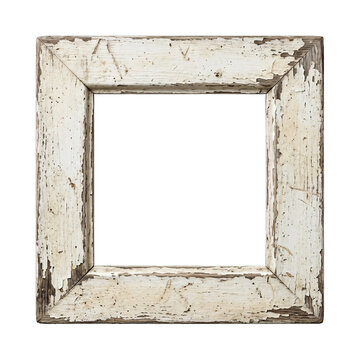 Distressed white wooden picture frame featuring weathered paint and an empty square center isolated on plain transparent background.