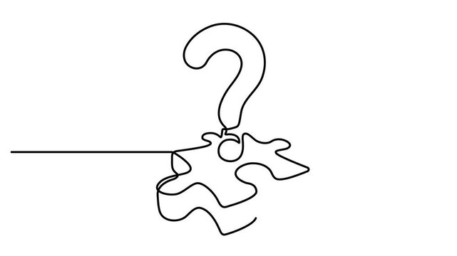 Animated self drawing of continuous line draw of Question mark with puzzle piece continuous one line art for problem solving and support. Full length one line animation. 4K video