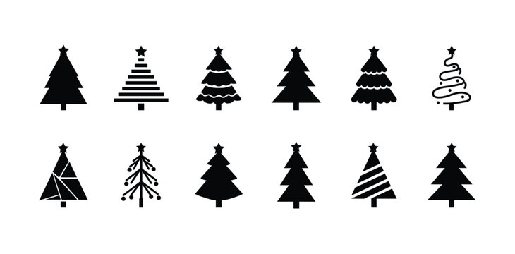 A diverse collection of black and white christmas tree icons representing various styles and designs
