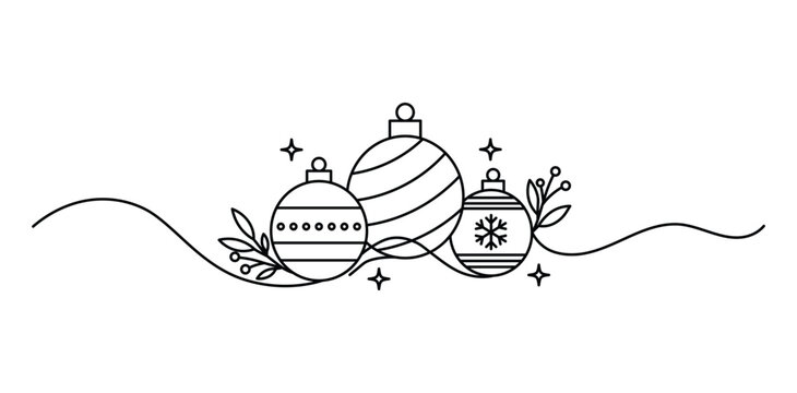 Christmas ornament line art divider featuring continuous line hanging baubles snowflake leaves and sparkle stars vector illustration