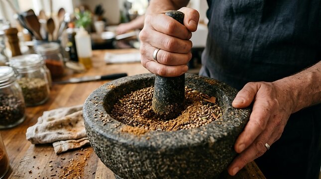 Rough Stone Mortar Master Grinding Seeds in Kitchen