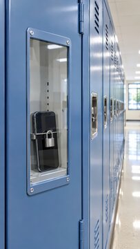 School locker shows phone locked inside clear window panel
