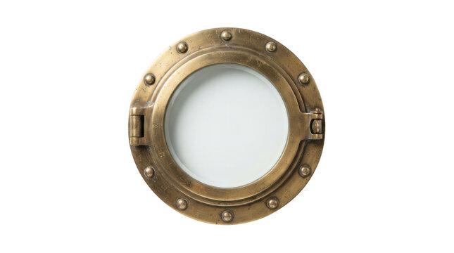 Vintage brass porthole window from a ship, featuring a circular glass pane, metallic hinges, and decorative rivets, isolated on transparent background